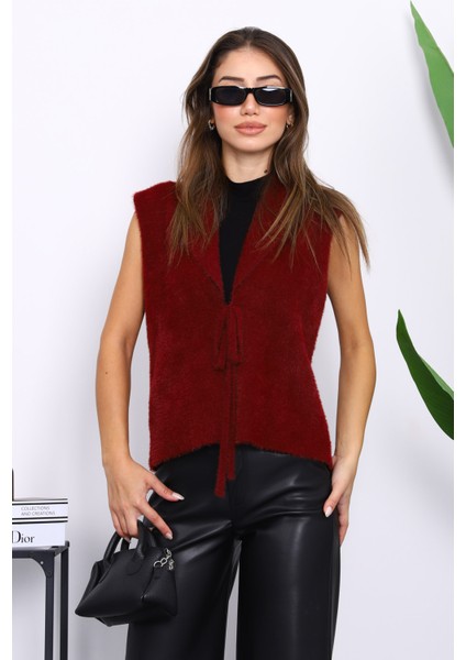 Bordo Ön Bağlamalı Kısa Angora Yumoş Yelek