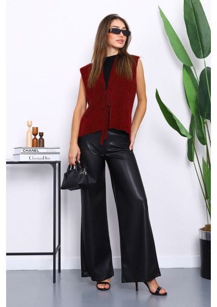 Bordo Ön Bağlamalı Kısa Angora Yumoş Yelek fiyatları