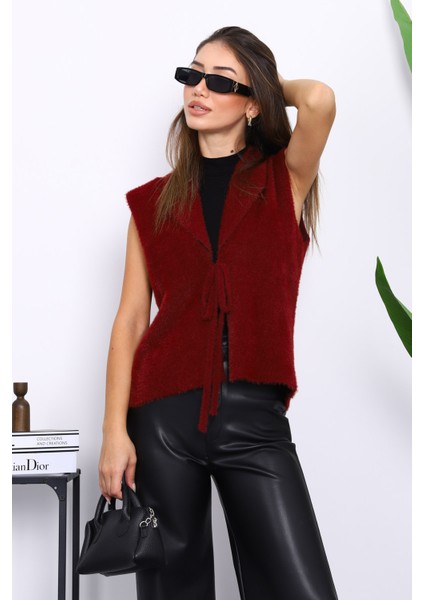 Bordo Ön Bağlamalı Kısa Angora Yumoş Yelek modelleri