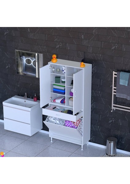Waha 2 Kapak,Tek Çekmece, 2 Göz Sepet,8 Raf Banyo Dolabı 85x173x32,5 cm