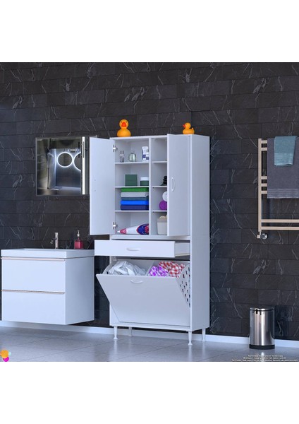 Waha 2 Kapak,Tek Çekmece, 2 Göz Sepet,8 Raf Banyo Dolabı 85x173x32,5 cm fiyatları