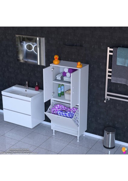 Esil Çok Amaçlı Dolap Kapak İçi 60 cm Çift Raflı, Bir Akıllı Çamaşır Sepetli Dolap 60x138x32,5 cm