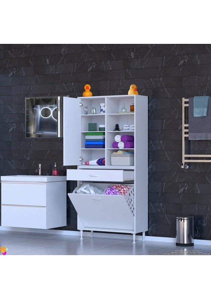 Kayra 80 cm Organizer Dolap 2 Göz Sepet, 1 Çekmece, Tek Kapak, 8 Raf Banyo Dolabı 80x173x32,5 cm fiyatları