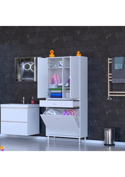 Yeni Kayra Tek Çekmece, 2 Göz Sepet, 2 Kapak, 6 Raf Dar Alan Banyo Dolabı 85X173X32,5 cm fiyatları