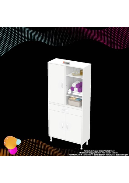 Kayra Banyo ve Mutfak Dolabı Çok Amaçlı Dolap Tek Çekmeceli 3 Kapaklı 5 Raf 8 Bölme 75X173X32,5 cm