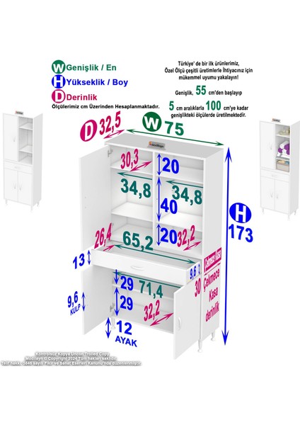 Kayra Banyo ve Mutfak Dolabı Çok Amaçlı Dolap Tek Çekmeceli 3 Kapaklı 5 Raf 8 Bölme 75X173X32,5 cm