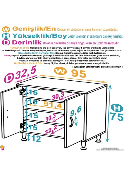 Magno 95x75x32, 5 cm’ lik Dolap Dar Alanlar İçin Çok Amaçlı Dolap 4 Bölmeli Dolap 95x75x32, cm
