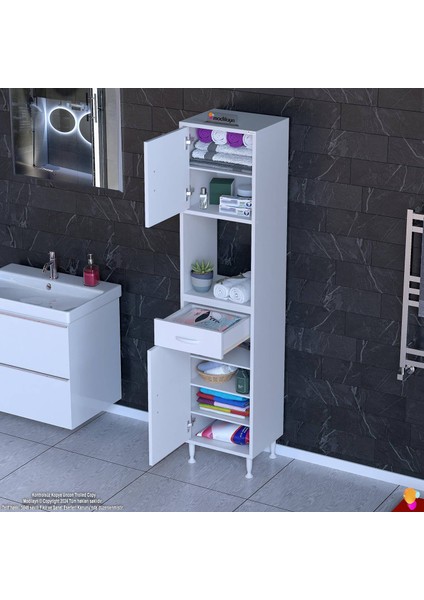 Azra Mutfak ve Banyo Dolabı Tek Çekmece 2 Kapak ve 7 Raflı Çok Amaçlı Dolap 45X173X32,5 cm