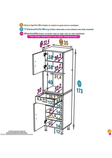 Azra 35 cm , Tek Çekmece Mutfak Ve Banyo Dolabı 2 kapak ve 7 raflı Çok Amaçlı Dolap 35x173x32,5 cm fırsatları