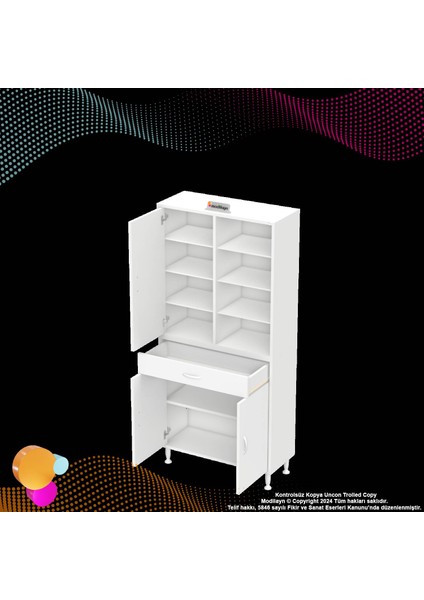Kayra Banyo ve Mutfak Dolabı Çok Amaçlı Dolap Tek Çekmece 3 Kapak 7 Raf 10 Bölme 85X173X32,5 cm