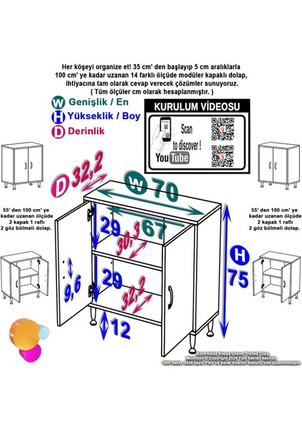 Annus Dolap Kapak ve Raf Detaylı 70 cm Çok Amaçlı Dolap Çift Kapaklı 2 Göz Raf Dolap 70x75x32,5 cm indirimleri