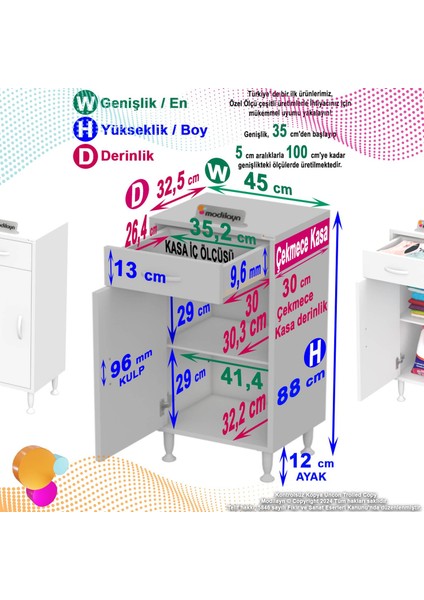 Mira Banyo ve Mutfak Dolabı Çok Amaçlı Dolap Tek Çekmece 1 Kapak 1 Raf 2 Bölme 45X88X32,5 cm