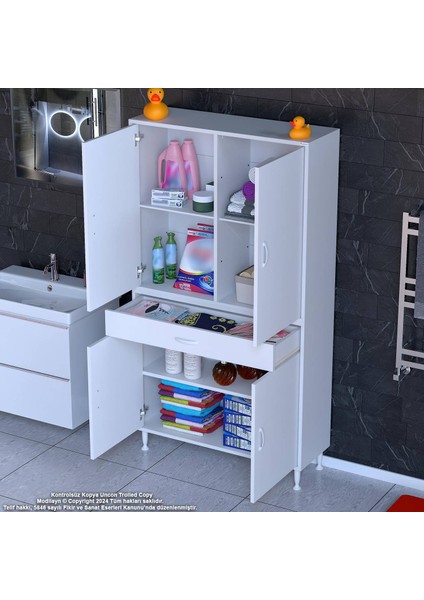 Sare Tek Çekmece 4 Kapak Banyo ve Mutfak Dolabı 3 Raf 6 Bölmeli Dolap 95x173x32,5 cm