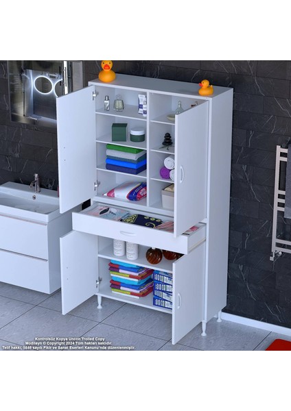 Bellis Banyo ve Mutfak Dolabı 100 cm Tek Çekmece 4 Kapak 7 Raf 10 Bölme 100x173x32,5 cm