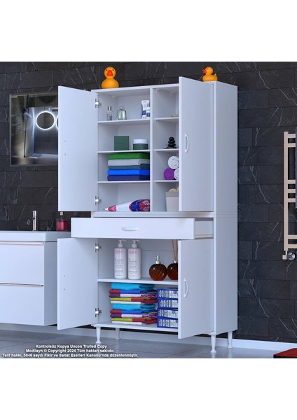 Bellis Banyo ve Mutfak Dolabı 100 cm Tek Çekmece 4 Kapak 7 Raf 10 Bölme 100x173x32,5 cm modelleri