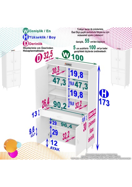 Bellis Banyo ve Mutfak Dolabı 100 cm Tek Çekmece 4 Kapak 7 Raf 10 Bölme 100x173x32,5 cm