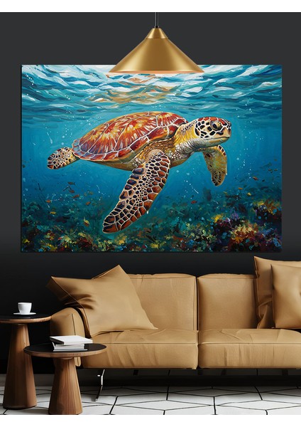 Okyanus Derinliklerinde Yüzen Deniz Kaplumbağası Dekoratif Kanvas - Mdf Ahşap Tablo