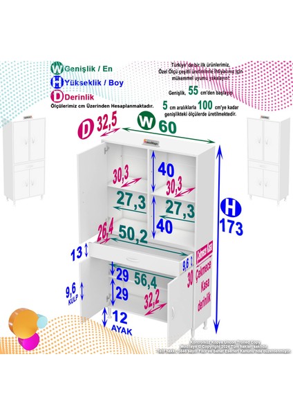 Sare Banyo ve Mutfak Dolabı Çok Amaçlı Dolap 1 Çekmece 4 Kapak 3 Raflı 6 Bölme 60X173X32,5 cm