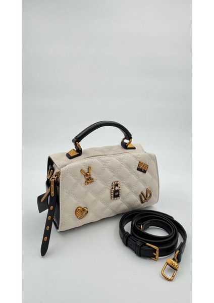 Krem Siyah Ayaralanabilir Askılı Kapitone El Çantası Orijinal Levidor Premium Çanta