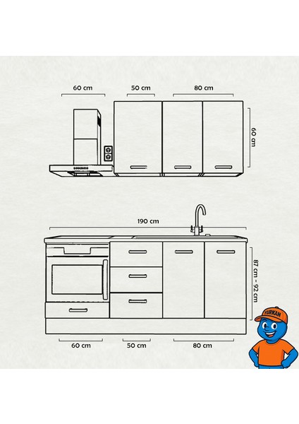 190 cm Mutfak Dolabı Mdf Kapak Tezgah Dahil YRKN190 101 fiyatları