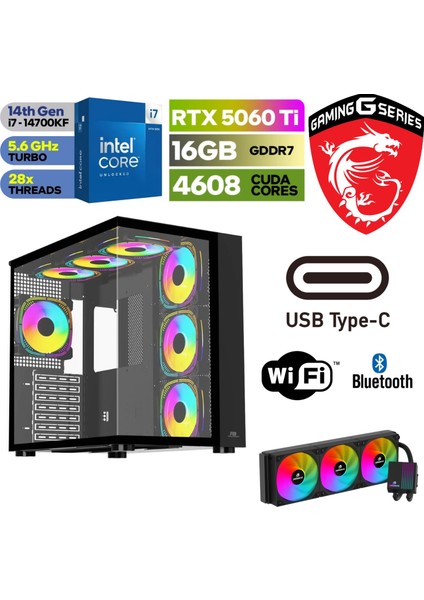Şafak-Gaming Pc Ddr5-Rtx 5060Tİ 16GB -Intel I7 14700KF – 64 GB Ddr5 Ram – 1 Tb M.2 SSD 5000 4000 – 360MM Sıvı Sogutma -Windows 11 Pro