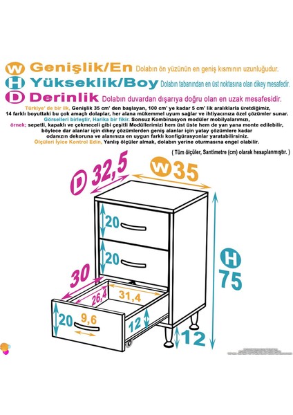 Magno 3'lü Çekmece Banyo Dolabı 35 cm Çok Amaçlı Çekmecelerle Daha Düzenli 35x75x32,5 cm