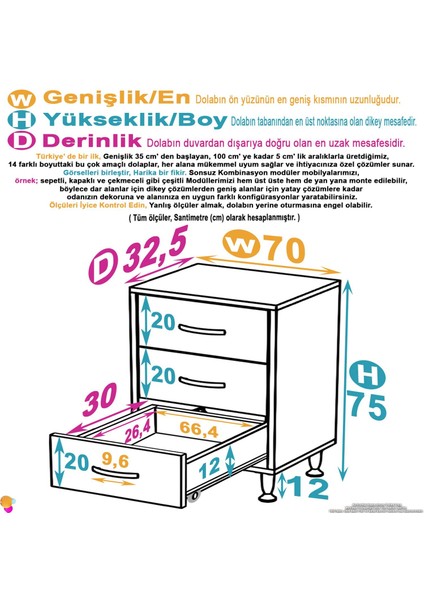 Efil 3'lü Çekmece Banyo Dolabı Çok Amaçlı Çekmecelerle Daha Düzenli 70X75X32,5 cm
