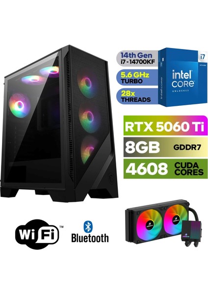 Şafak-Gaming Pc Ddr5-Rtx 5060Tİ 8gb -Intel I7 14700KF – 64 GB Ddr5 Ram – 1 Tb M.2 SSD 5000 4000 – 240MM Sıvı Sogutma -Windows 11 Pro