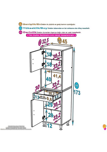 Azra Mutfak Ve Banyo Dolabı Tek Çekmece 2 kapak 45 cm ve 5 raflı Çok Amaçlı Dolap 45x173x32,5 cm fırsatları