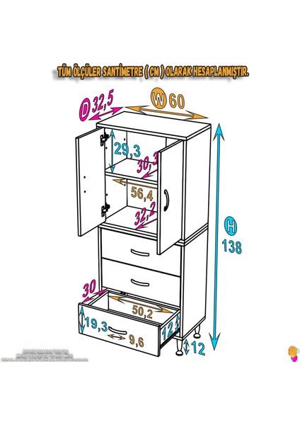 Esil Çok Amaçlı Dolap Kapak Içi Çift Raflı ve 3 Çekmeceli Düzen Harikası Dolap 60X138X32,5 cm