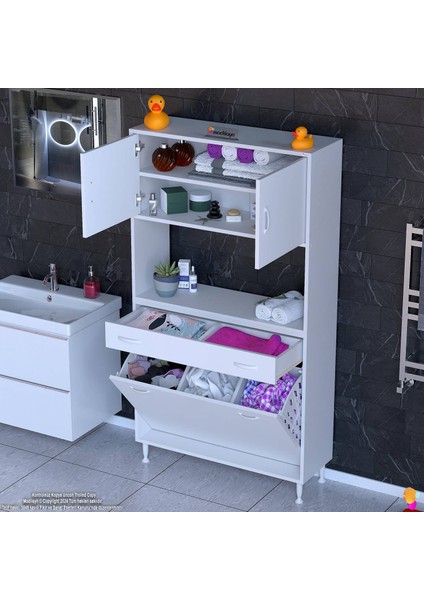 Azra Tek Çekmece 3 Göz Sepetli ve 3 Raf Banyo ve Mutfak Dolabı Çok Amaçlı Dolap 95X173X32,5 cm