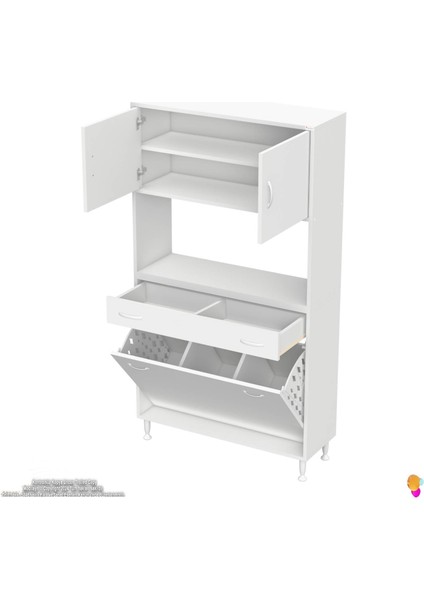 Azra Tek Çekmece 3 Göz Sepetli ve 3 Raf Banyo ve Mutfak Dolabı Çok Amaçlı Dolap 95X173X32,5 cm