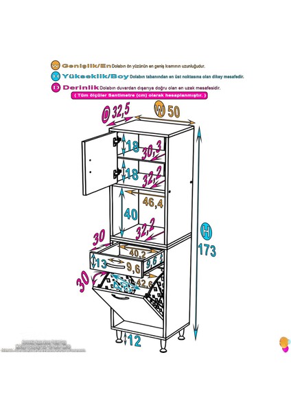Azra Tek Çekmece 50 cm 1 Göz Sepetli ve 3 Raf Banyo Ve Mutfak Dolabı Çok Amaçlı Dolap 50x173x32,5 cm