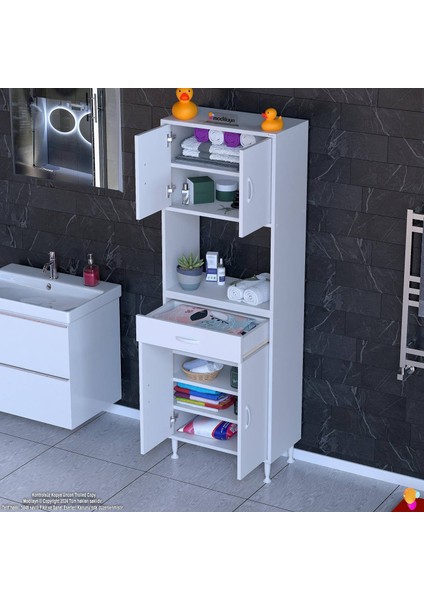 Azra Mutfak ve Banyo Dolabı Tek Çekmece 4 Kapak ve 7 Raflı Çok Amaçlı Dolap 55X173X32,5 cm