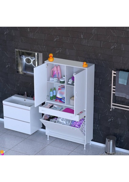 Yeni Kayra Tek Çekmece, 3 Göz Sepet, 2 Kapak, 4 Raf Dar Alan Banyo Dolabı 90X173X32,5 cm