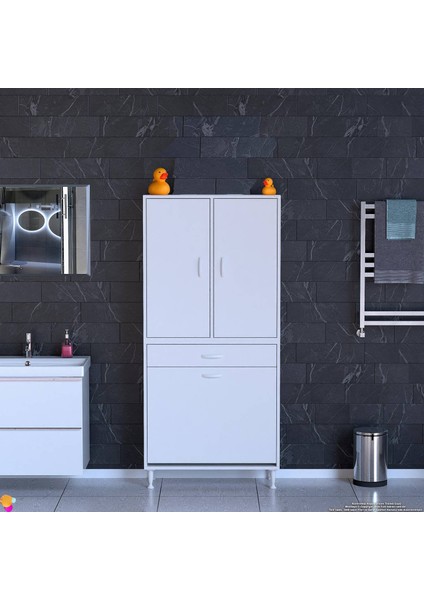 Yeni Kayra Tek Çekmece, 3 Göz Sepet, 2 Kapak, 4 Raf Dar Alan Banyo Dolabı 90X173X32,5 cm modelleri