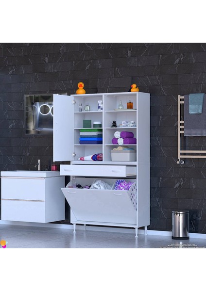 Kayra Banyo Dolabı 90x173x32,5cm 1 Çekmece, 3 Göz Sepet, 1 Kapak, 8 Raf Banyo Dolabı