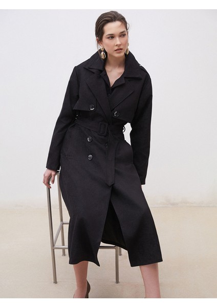 Yeni Sezon Ceket Yaka Süet Görünümlü Kadın Trençkot