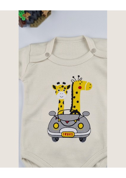 Uzun Kollu Pamuk Safari Baskılı Bebek Çıtçıtlı Body & Alt Takım – Krem/mavi - 0-9 Ay modelleri