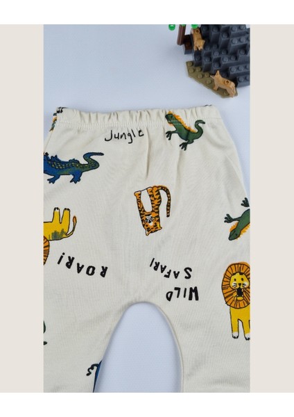 Uzun Kollu Pamuk Safari Baskılı Bebek Çıtçıtlı Body & Alt Takım – Krem/mavi - 0-9 Ay fırsatları