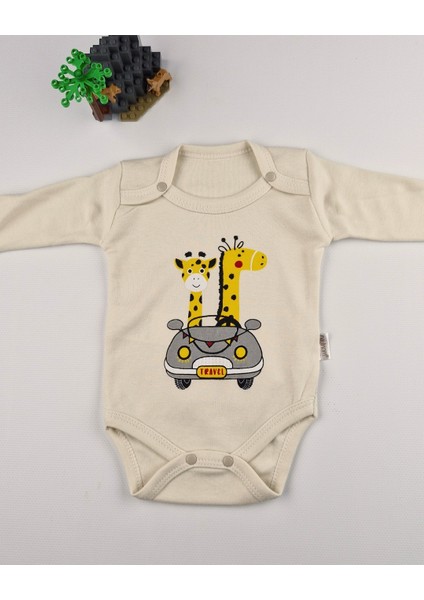 Uzun Kollu Pamuk Safari Baskılı Bebek Çıtçıtlı Body & Alt Takım – Krem/mavi - 0-9 Ay indirimleri