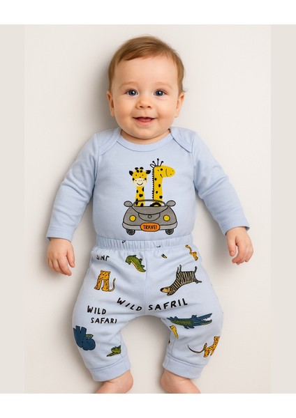 Uzun Kollu Pamuk Safari Baskılı Bebek Çıtçıtlı Body & Alt Takım – Krem/mavi - 0-9 Ay