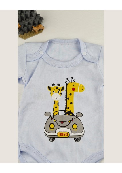 Uzun Kollu Pamuk Safari Baskılı Bebek Çıtçıtlı Body & Alt Takım – Krem/mavi - 0-9 Ay modelleri