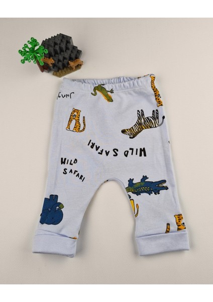 Uzun Kollu Pamuk Safari Baskılı Bebek Çıtçıtlı Body & Alt Takım – Krem/mavi - 0-9 Ay fırsatları