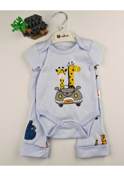 Uzun Kollu Pamuk Safari Baskılı Bebek Çıtçıtlı Body & Alt Takım – Krem/mavi - 0-9 Ay indirimleri