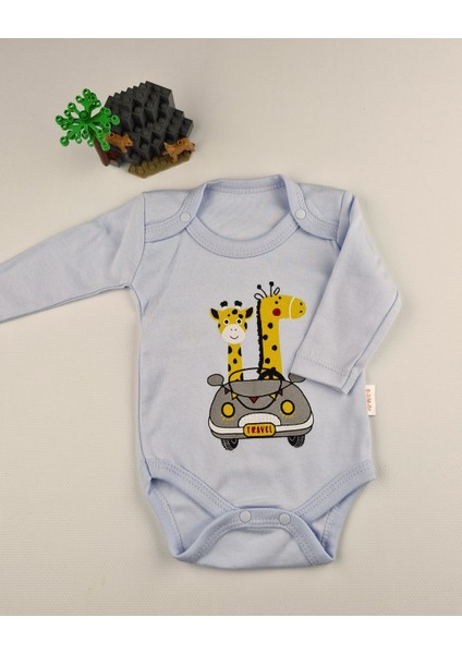 Uzun Kollu Pamuk Safari Baskılı Bebek Çıtçıtlı Body & Alt Takım – Krem/mavi - 0-9 Ay