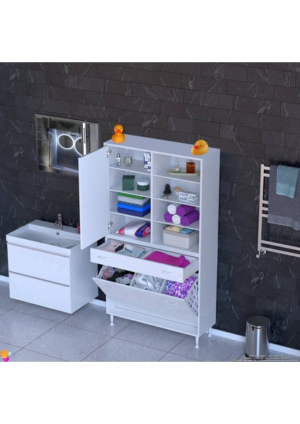 Kayra 1 Çekmece, 3 Göz Sepet, Tek Kapak, 8 Raf Banyo Dolabı 95x173x32,5 cm