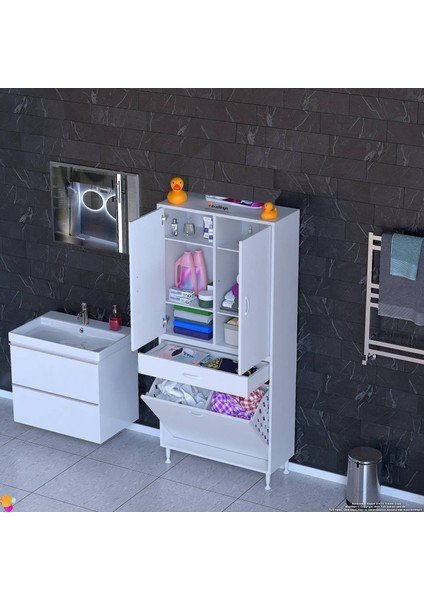 Yeni Kayra Tek Çekmece, 2 Göz Sepet, 2 Kapak, 6 Raf Dar Alan Banyo Dolabı 75X173X32,5 cm