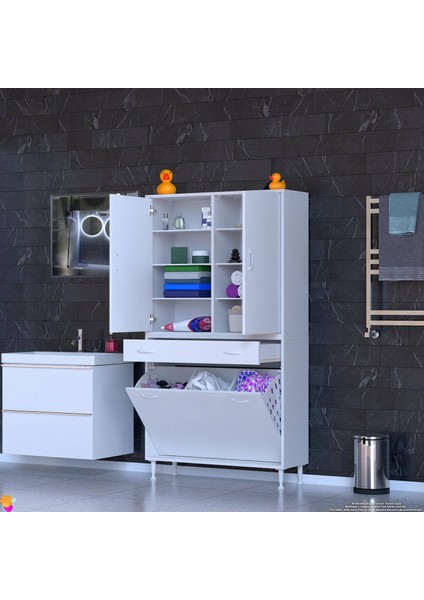 Waha Beyaz Banyo Dolabı 1 Çekmece, 3 Göz Sepet, 2 Kapak, 8 Raf Banyo Dolabı 95x173x32,5 cm' lik