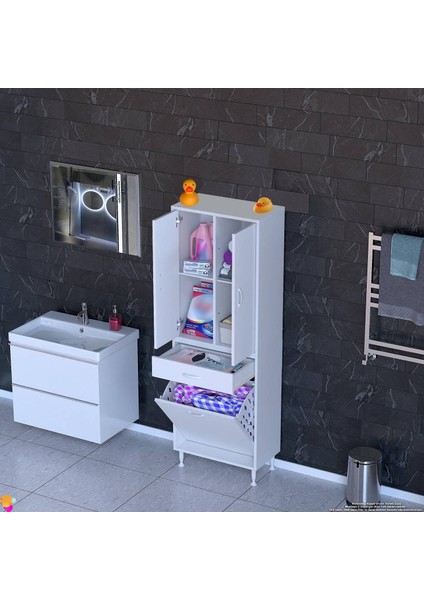 Yeni Kayra Tek Çekmece, 1 Göz Sepet, 2 Kapak, 4 Raf Dar Alan Banyo Dolabı 65X173X32,5 cm